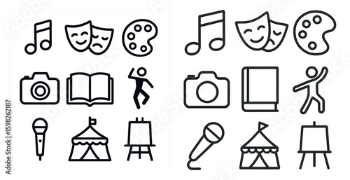Arts and entertainment outline icons set – cultural, creative symbols for events