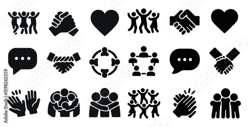 Community and connection icons set – solid, filled, social interaction symbols