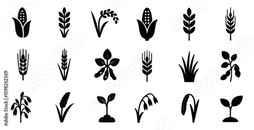 Agricultural silhouette icons set – filled, solid, farming and crop symbols