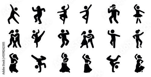 Dance and movement silhouette icons set – solid, filled, choreography symbols