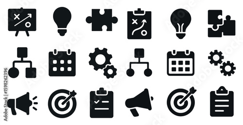 Business strategy solid icons set – filled, growth, planning essentials