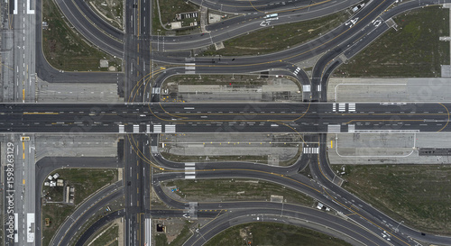 Aerial view airport infrastructure road network runway taxiway intersection
