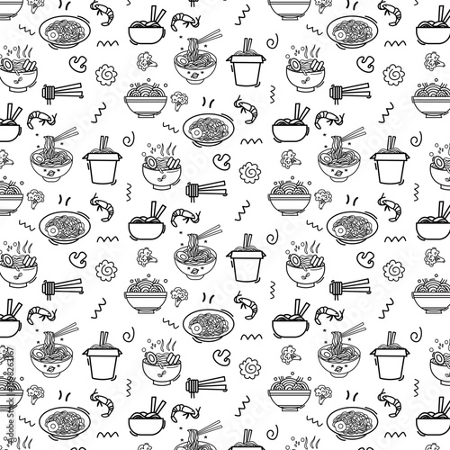 Noodles cup instant ramen hand drawn doodle seamless pattern background