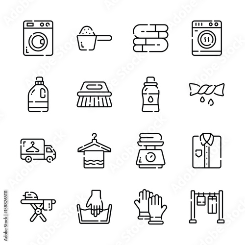 Get this hand collection of laundry and cleaning outline style icons