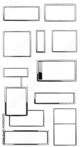 Set of Metallic Silver Frames on Transparent Background