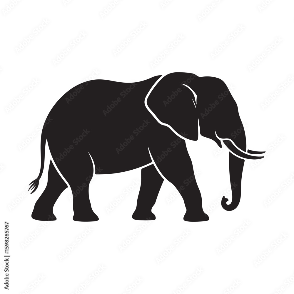 Elegant Black Silhouette of an African Elephant Walking on a White Background Elegant Black Silhouette of an African Elephant Walking on a White Background