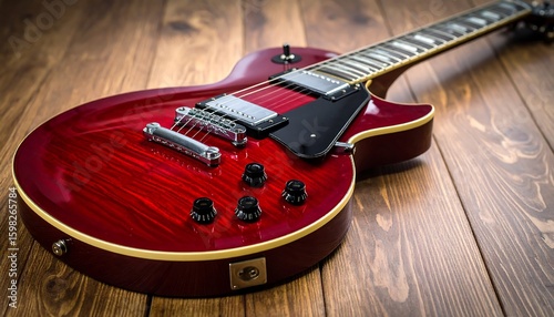 Red electric guitar on wood