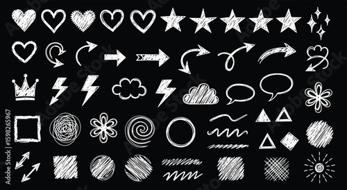 Set of chalk doodle vector icons on black background. Hand drawn sketch style hearts, stars, arrows, speech bubbles, and geometric shapes for grunge, chalkboard, and creative design.