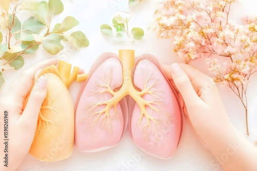 Anatomical model of lungs and heart held by hands with floral background symbolizing respiratory health and care