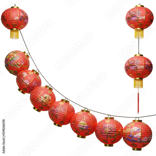 String of Illuminated Red Chinese Lanterns on Transparent Background