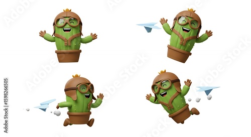 Cartoon cactus aviator flying with paper airplanes
