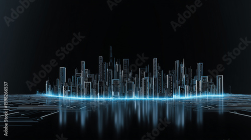 Futuristic abstract isometric city made of microchips and neon lines