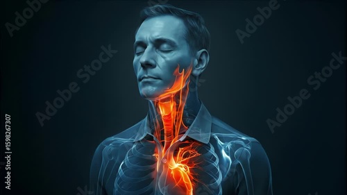Medical dynamic video of an adult experiencing a severe food allergy reaction, highlighting airway and heart inflammation for health education and awareness.