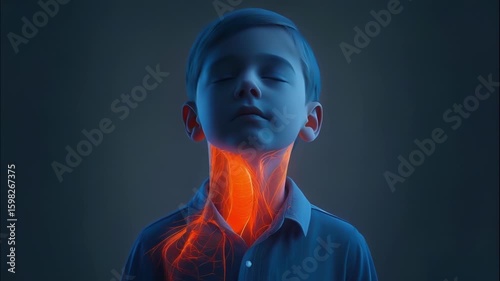 Medical dynamic video showing a child experiencing a food allergy reaction, highlighting the throat and airway inflammation in vivid color for awareness.