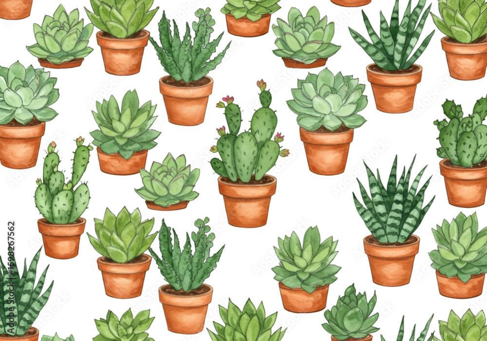 Fototapeta premium Seamless Pattern Illustration of Succulents in Terracotta Pots