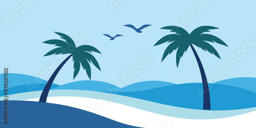 Abstract tropical landscape vector background. Flat design illustration with two palm trees and layered blue waves. Minimalist beach graphic for summer banners, posters, and travel design.