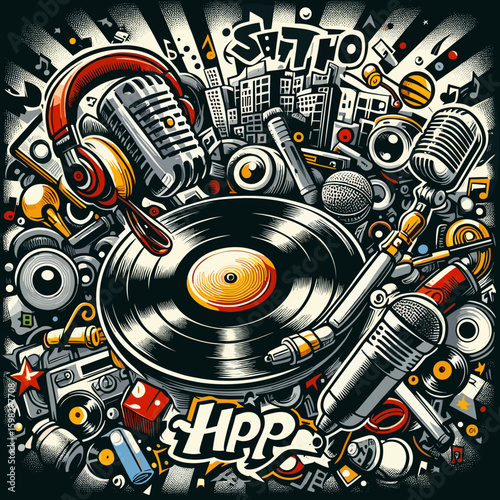 Vibrant hip hop music illustration, vinyl record, microphones, dynamic artistic elements, retro style