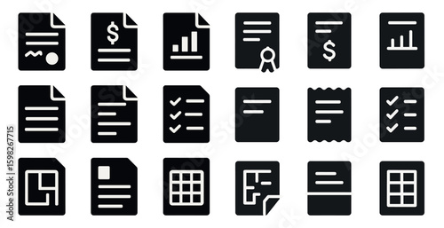 Document and contract icons set – filled, solid, paperwork and legal symbols