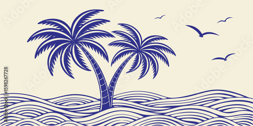 Vintage engraving style vector illustration of tropical palm trees and ocean waves with seagulls. Blue line art graphic for beach, summer, travel, and nautical decor design.