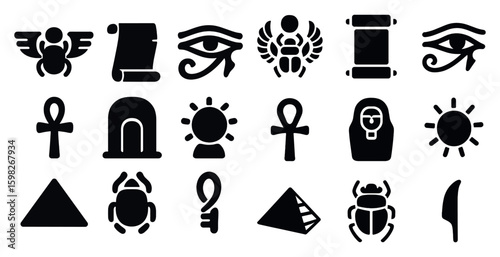 Ancient egypt silhouette icons set – filled, solid, historical and cultural symbols