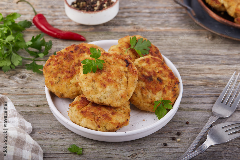Chicken cutlets from minced meat. Pan-fried meat fritters. Healthy dinner for the family. Chicken cutlets from minced meat. Pan-fried meat fritters. Healthy dinner for the family.