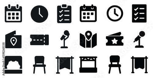 Event and ticket solid icons set – filled, calendar, schedule symbols