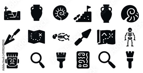 Archaeology solid icons set – filled, historical, excavation symbols