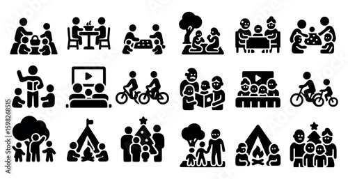 Family and friends solid icons set – filled, silhouette, community and togetherness symbols