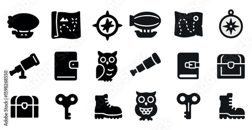 Adventure and exploration solid icons set – filled, map and navigation symbols