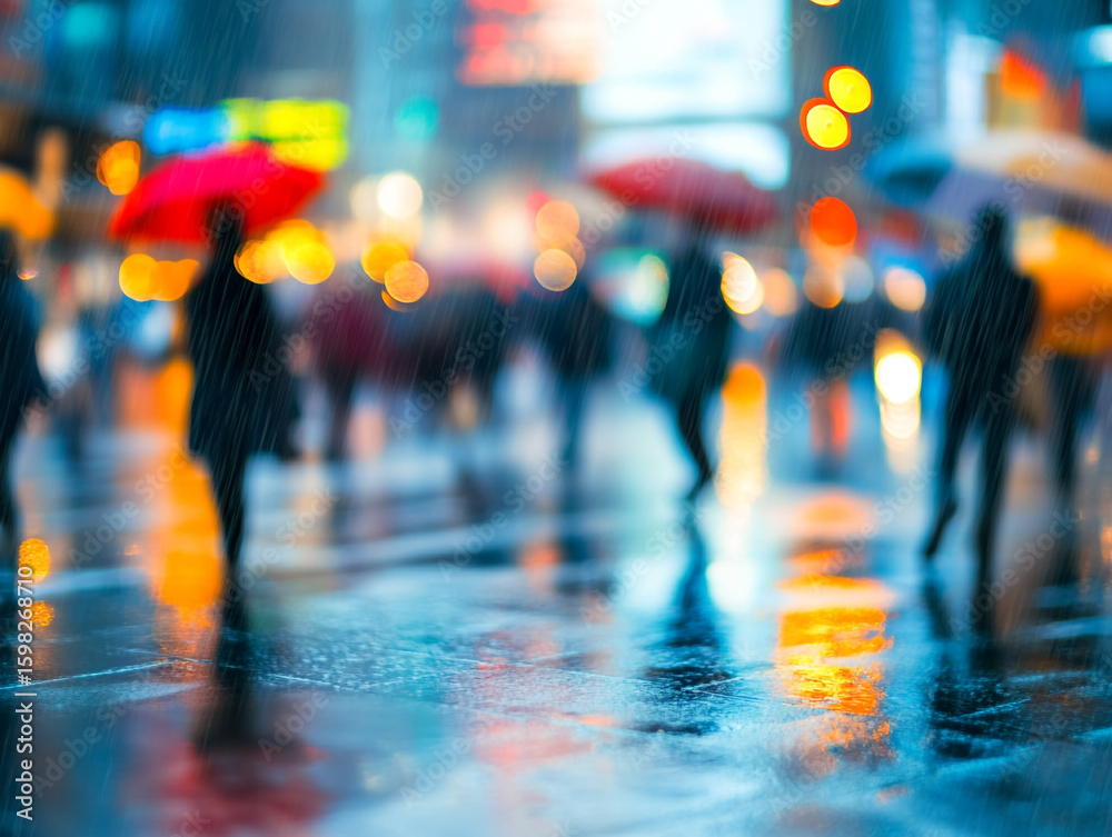 Fototapeta premium A rainy city square is viewed through a blurred, water-streaked window, showing abstract shapes of people and glowing neon lights in blue, orange, and yellow.