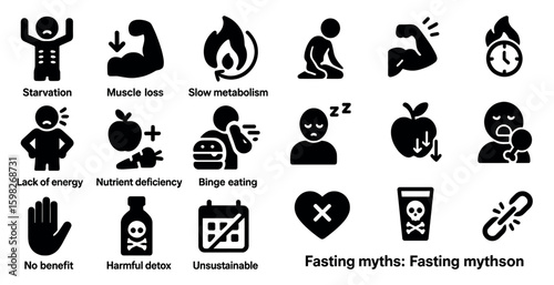 Fasting myths solid icons set – health, diet, wellness symbols