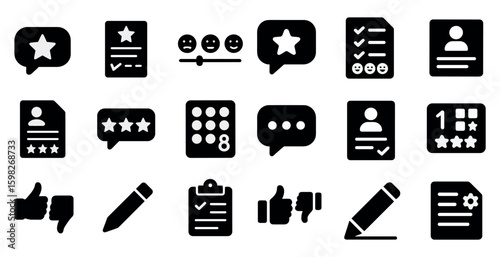 Customer feedback solid icons set – filled, review, rating symbols for surveys
