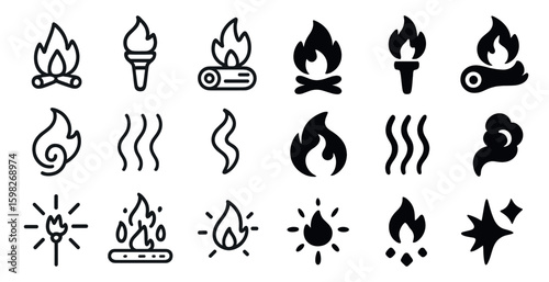 Fire and flame icons set – outline, silhouette, safety and hazard symbols