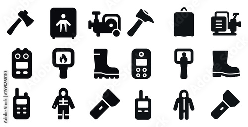 Firefighting silhouette icons set – solid, safety, emergency response symbols