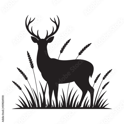 Elegant Deer Silhouette with Antlers Standing in Tall Grass Illustration