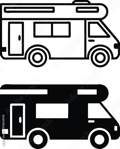 Recreational Vehicle icons. Black and White Vector Caravan Icons. Motorhome, Vehicle, Van. Camping and Tourism Concept
