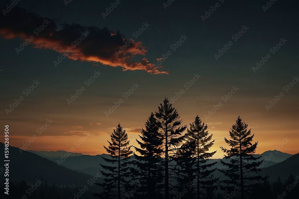 Obraz premium Silhouetted pine trees against a dramatic sunset sky