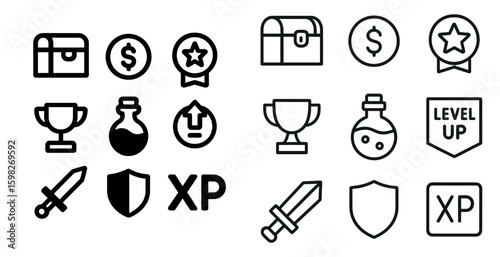Gaming and achievement icons set – outline, level up, reward and trophy symbols