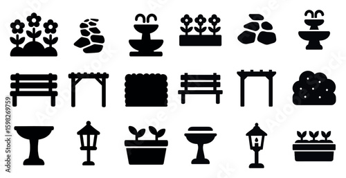 Garden and landscaping silhouette icons set – solid, linear, nature and outdoor symbols