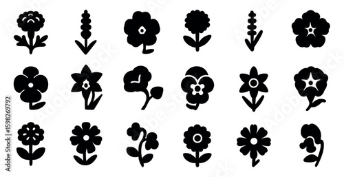 Floral silhouette icons set – flowers, solid, botanical garden symbols