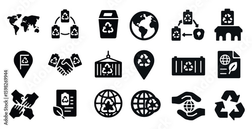 Recycling and sustainability solid icons set – eco-friendly, waste management symbols
