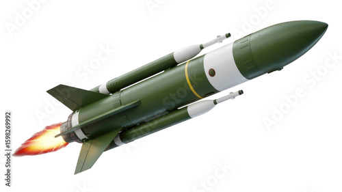 Military Missile Launch, 3D Render of a Green Guided Missile in Flight