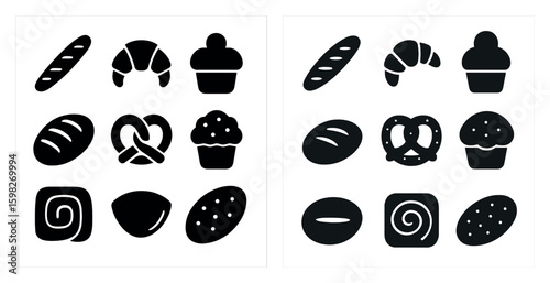 Bakery silhouette icons set – bread, pastry essentials, flat and filled symbols