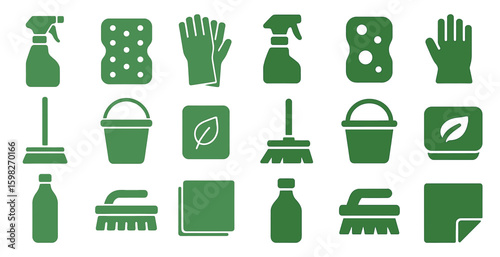 Cleaning and hygiene icons set – solid, filled, sanitation and housekeeping symbols