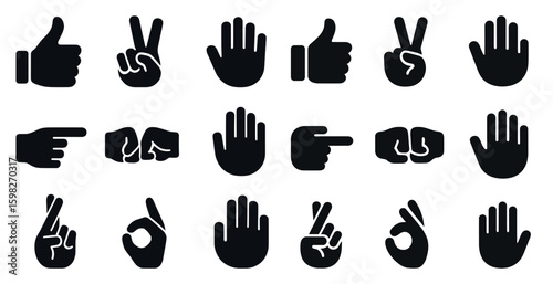Hand gesture silhouette icons set – solid, filled, communication and symbol signs