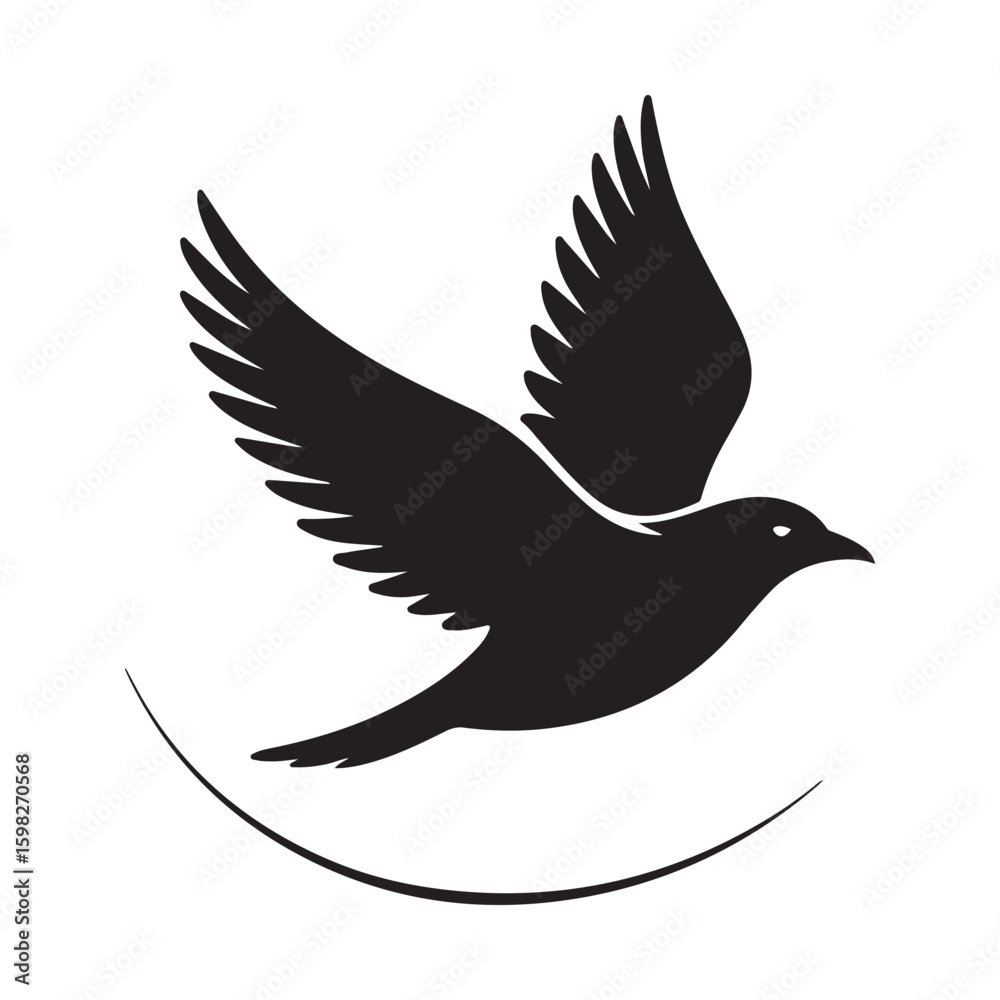Obraz premium Elegant Black Bird Silhouette Flying with Curved Line Below on White Background