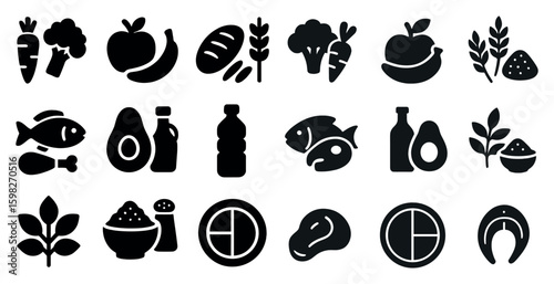 Food and nutrition silhouette icons set – healthy, black, diet graphics
