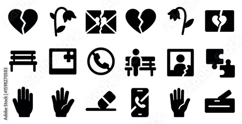 Divorce and relationship filled icons set – separation, breakup symbols