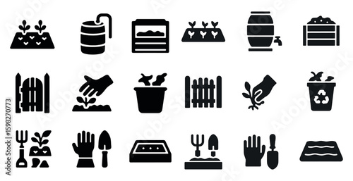Gardening solid icons set – filled, planting, horticulture essentials symbols