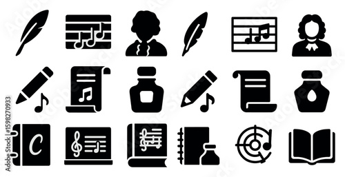 Music and writing solid icons set – creative, filled, artistic symbols for design